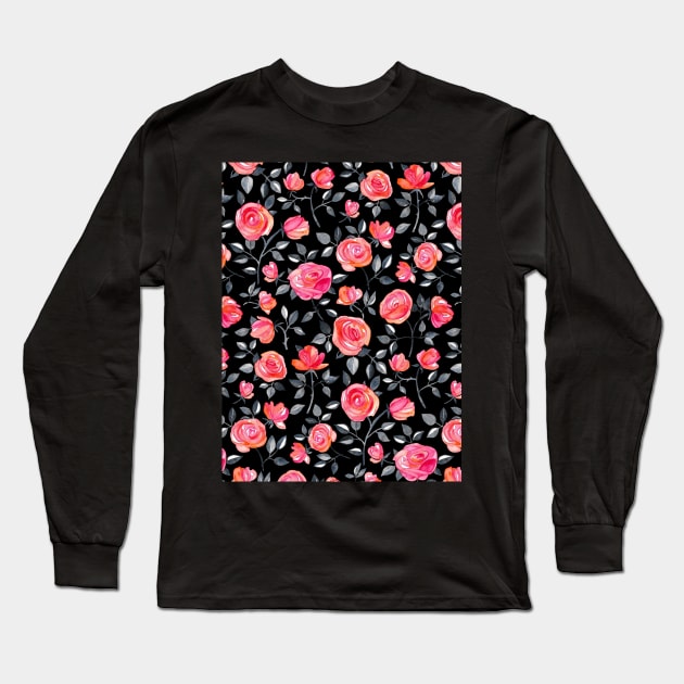 Roses on Black - a watercolor floral pattern Long Sleeve T-Shirt by micklyn